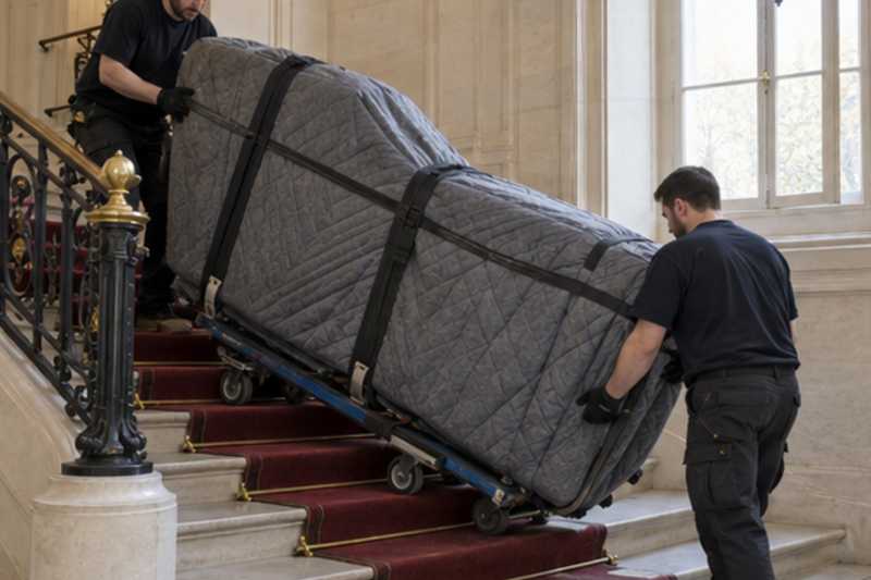 Caisse de piano à queue sur luge franchissant des marches, Neuilly-sur-Marne