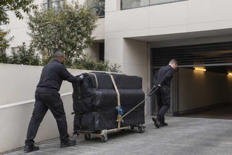 Piano droit retenu au treuil sur une rampe de parking, Noisiel