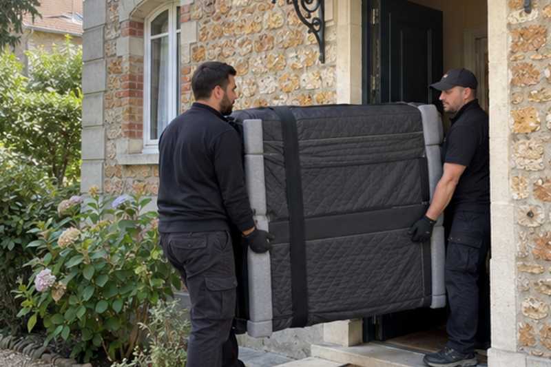 Piano droit franchissant une porte palière étroite, Noisy-le-Grand
