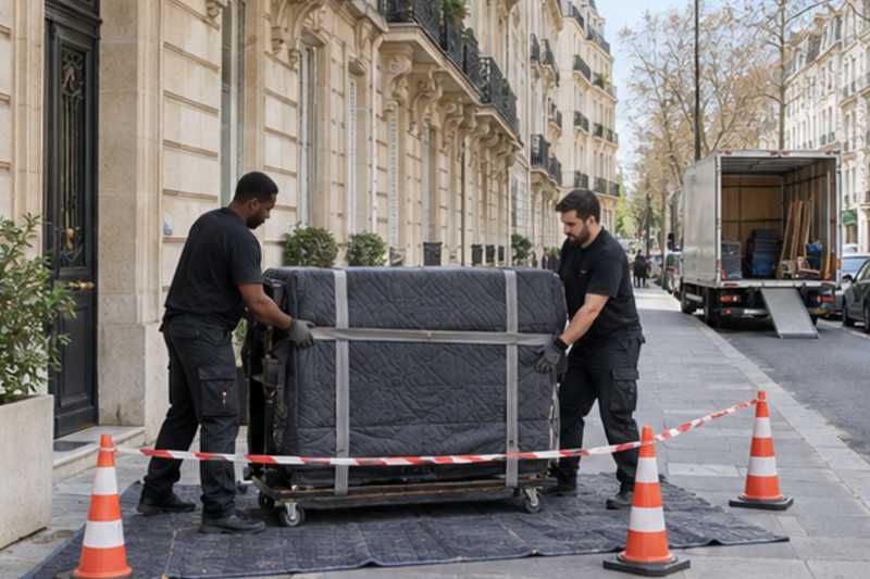 Piano droit en attente sur une zone protégée du trottoir, Orly