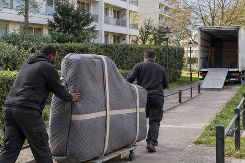 Piano à queue en navette sur chariot le long d'un trottoir, Ozoir-la-Ferrière