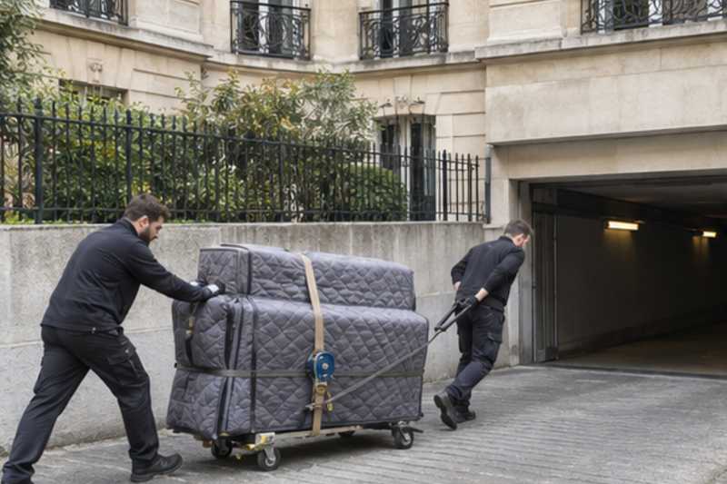 Piano droit retenu au treuil sur une rampe de parking, Paris 1er