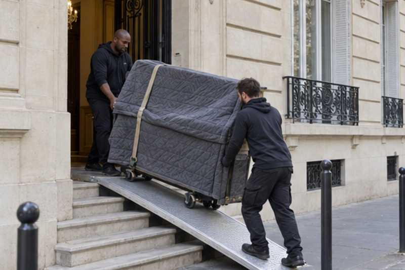 Piano droit sur une rampe au-dessus de quelques marches, Paris 1er