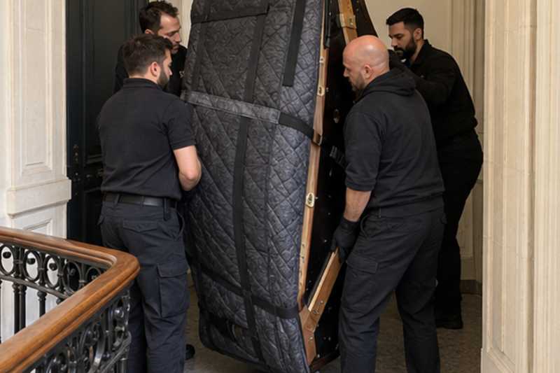 Piano à queue pivoté sur un palier étroit, Paris 18e