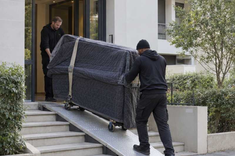 Piano droit sur une rampe au-dessus de quelques marches, Paris 19e