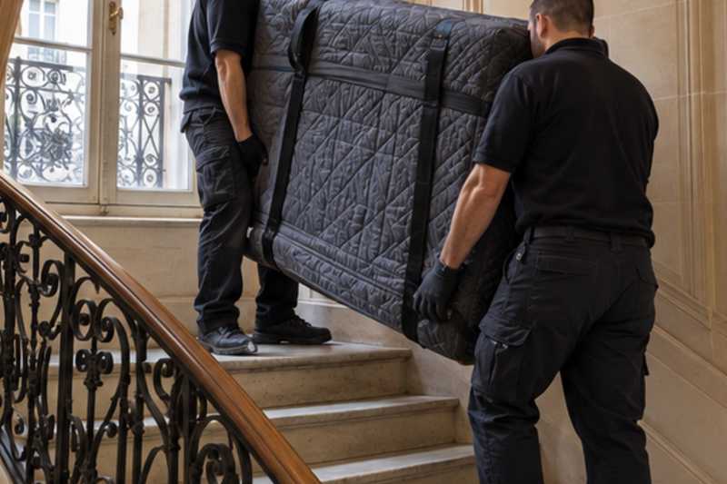 Portage d'un piano droit par paliers dans un escalier, Paris 4e