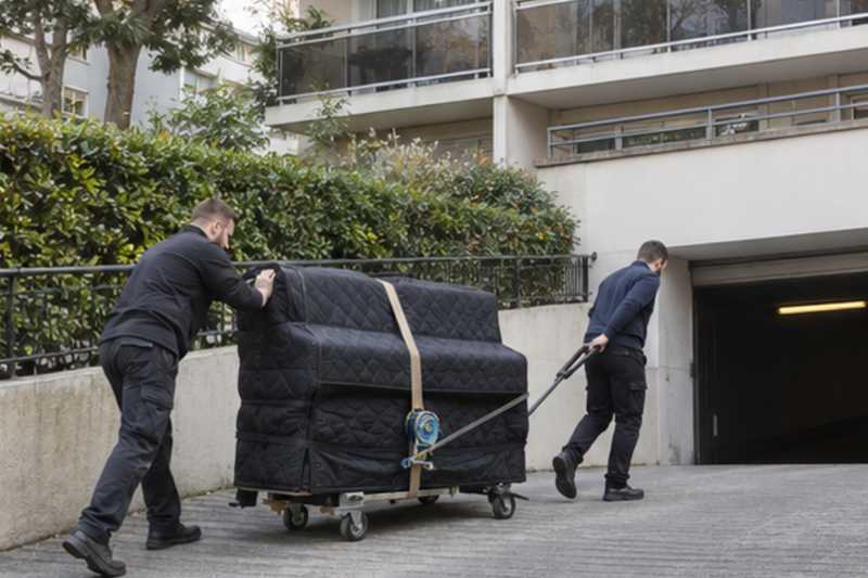 Piano droit retenu au treuil sur une rampe de parking, Paris 6e
