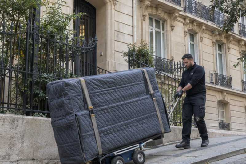 Piano droit sur chariot freiné dans une allée en pente, Paris 7e