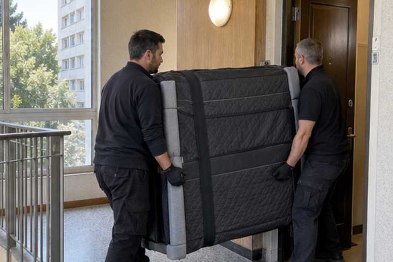 Piano droit franchissant une porte palière étroite, Puteaux