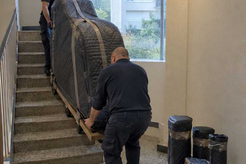 Caisse de piano à queue sur luge dans un escalier, Roissy-en-Brie