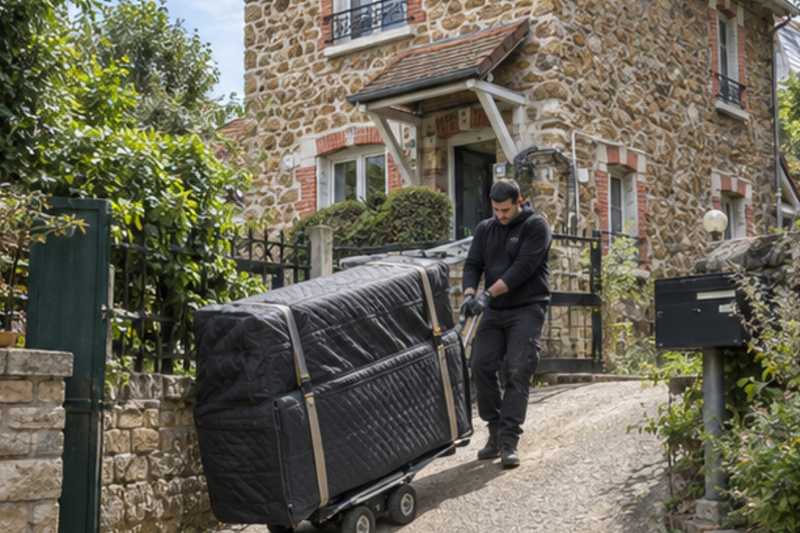 Piano droit sur chariot freiné dans une allée en pente, Rosny-sous-Bois