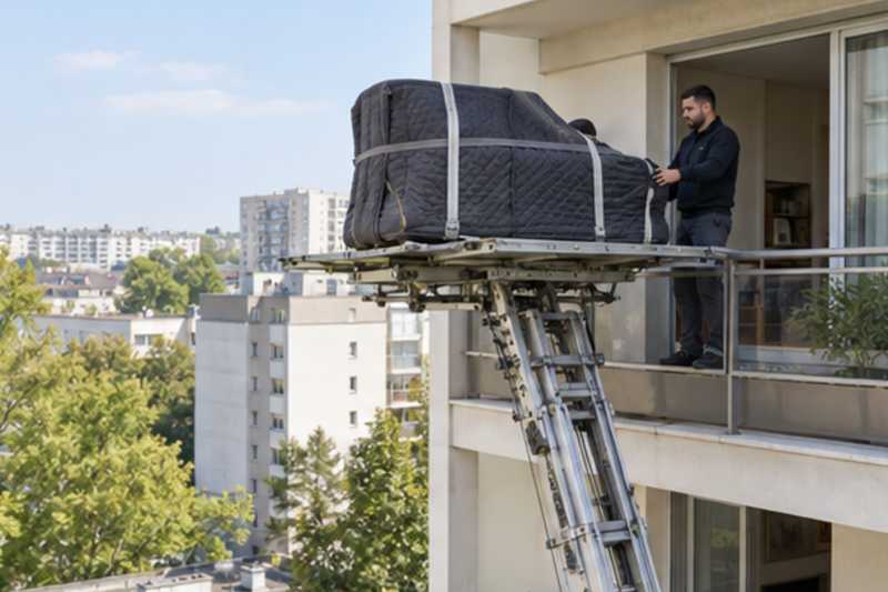 Piano à queue sur la plateforme d'un monte-meuble, Saint-Germain-en-Laye