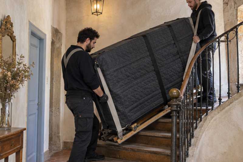 Piano droit sur luge dans un escalier, Saint-Leu-la-Forêt