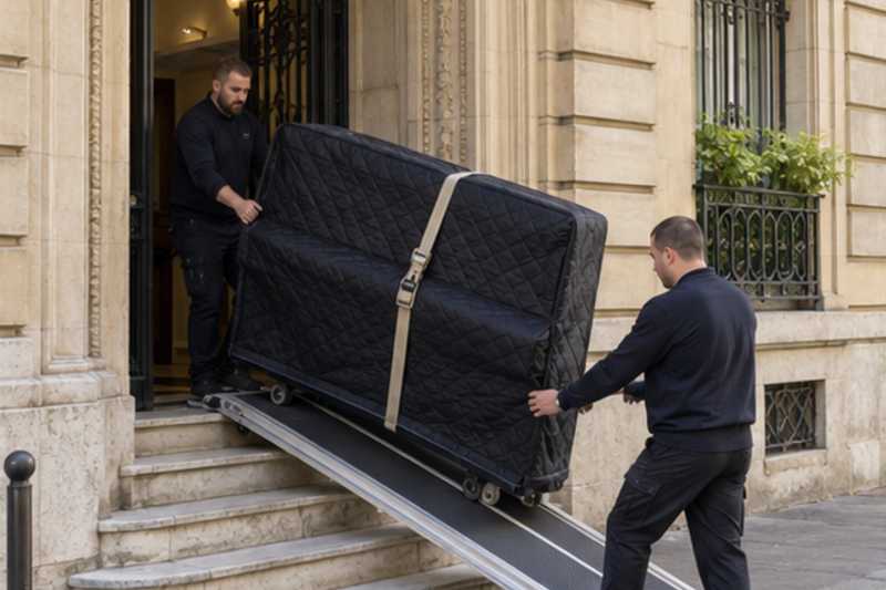 Piano droit sur une rampe au-dessus de quelques marches, Saint-Maur-des-Fossés