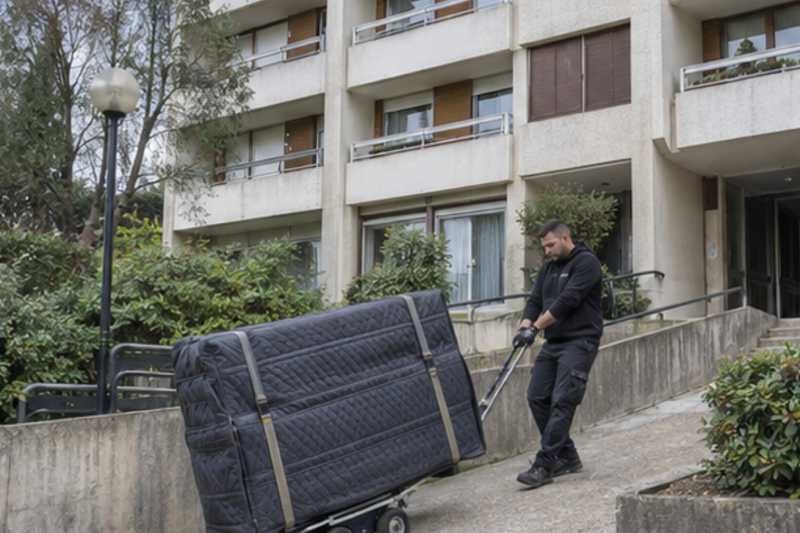 Piano droit sur chariot freiné dans une allée en pente, Seine-et-Marne