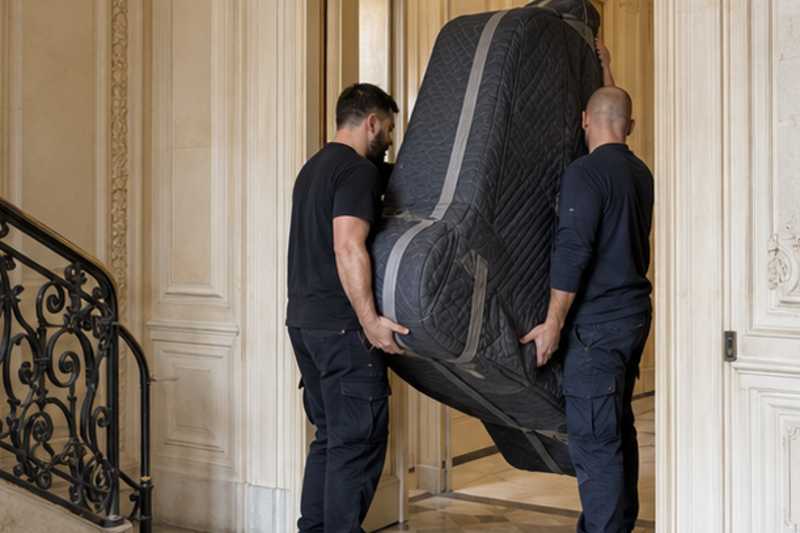 Caisse de piano à queue passant une porte sur chant, Taverny