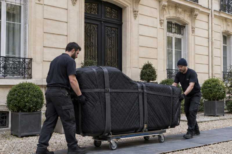 Piano à queue sur plaques de roulage devant une maison, Vaux-le-Pénil
