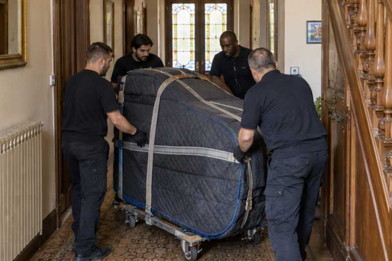 Caisse de piano à queue sur luge dans un couloir, Vélizy-Villacoublay
