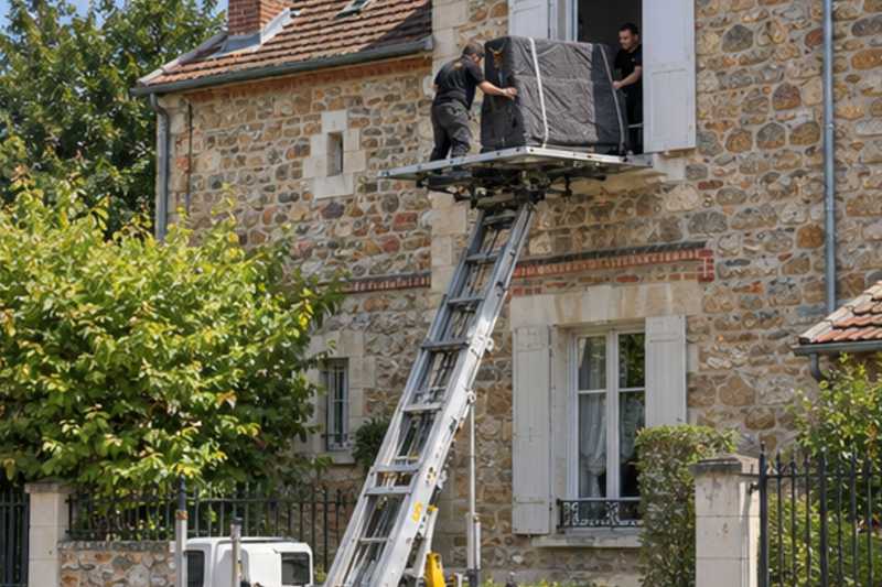 Piano droit sur monte-meuble devant une fenêtre, Villeneuve-la-Garenne