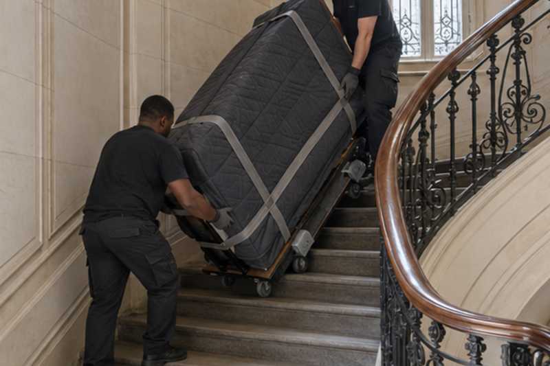 Piano droit sur chant dans un virage d'escalier, Viry-Châtillon